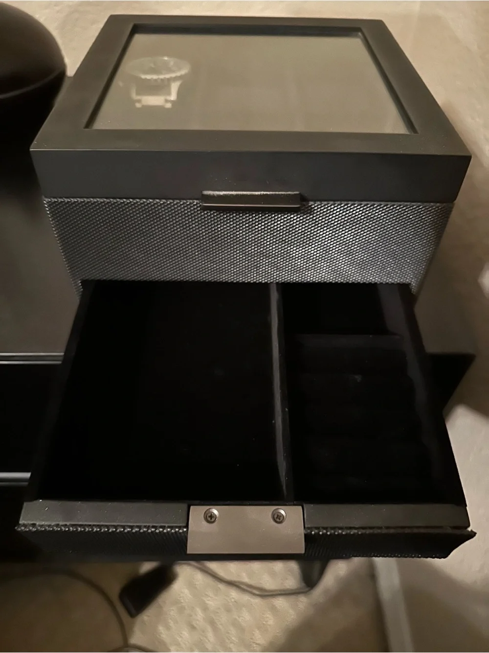Black Watch Jewelry Organizer with Glass Top - Classic Home Storage